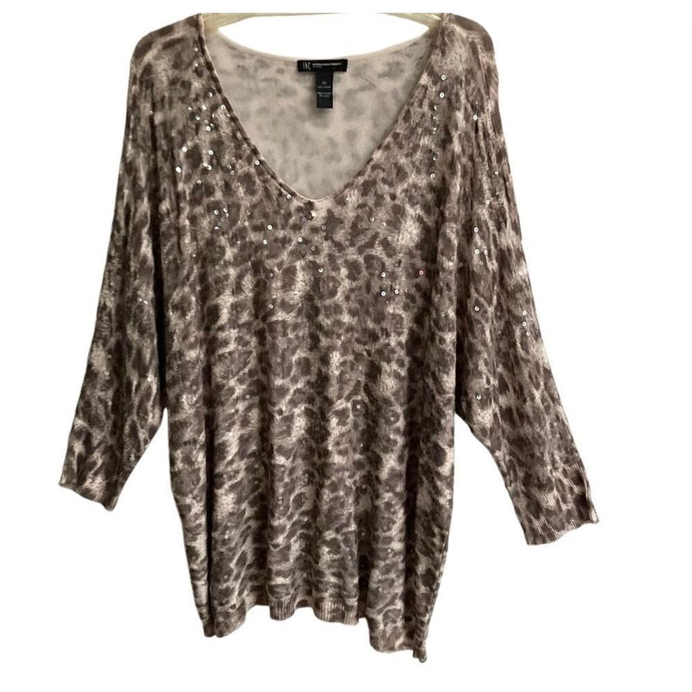INC‎ International Concepts leopard sequin V-neck long sleeve sweater women’s 3X
